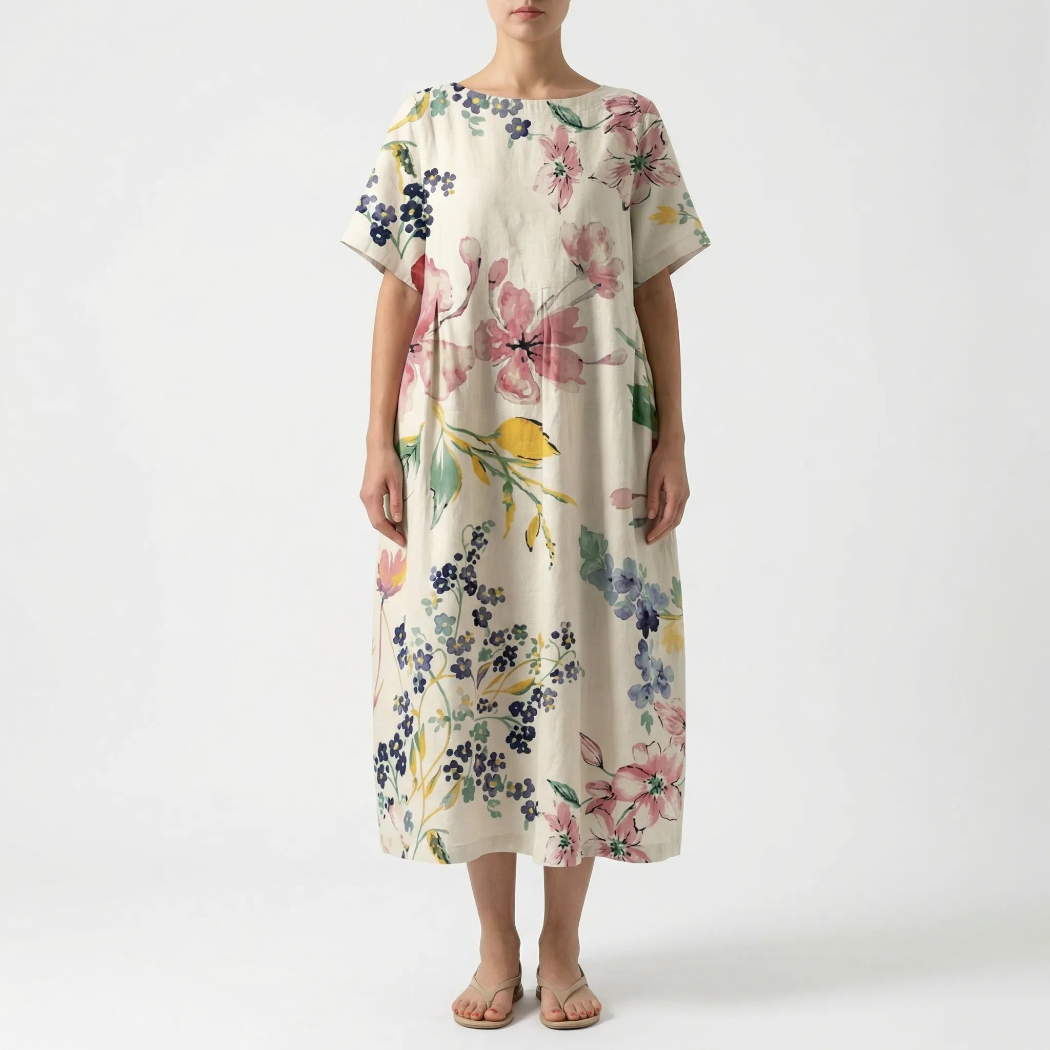 Calista Linen Cotton Floral Print Maxi Dress