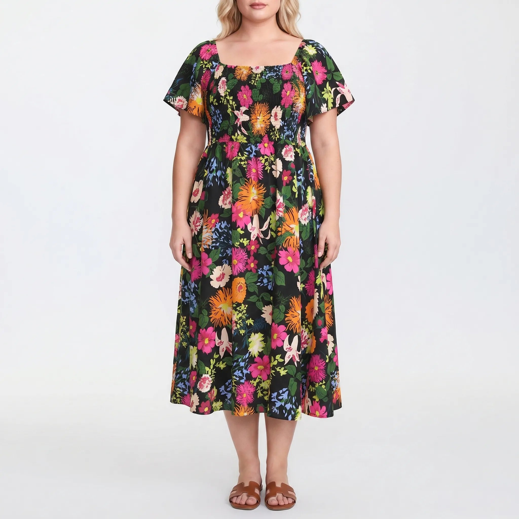 Sylvaine Floral Shirred Square Neck Midi Dress