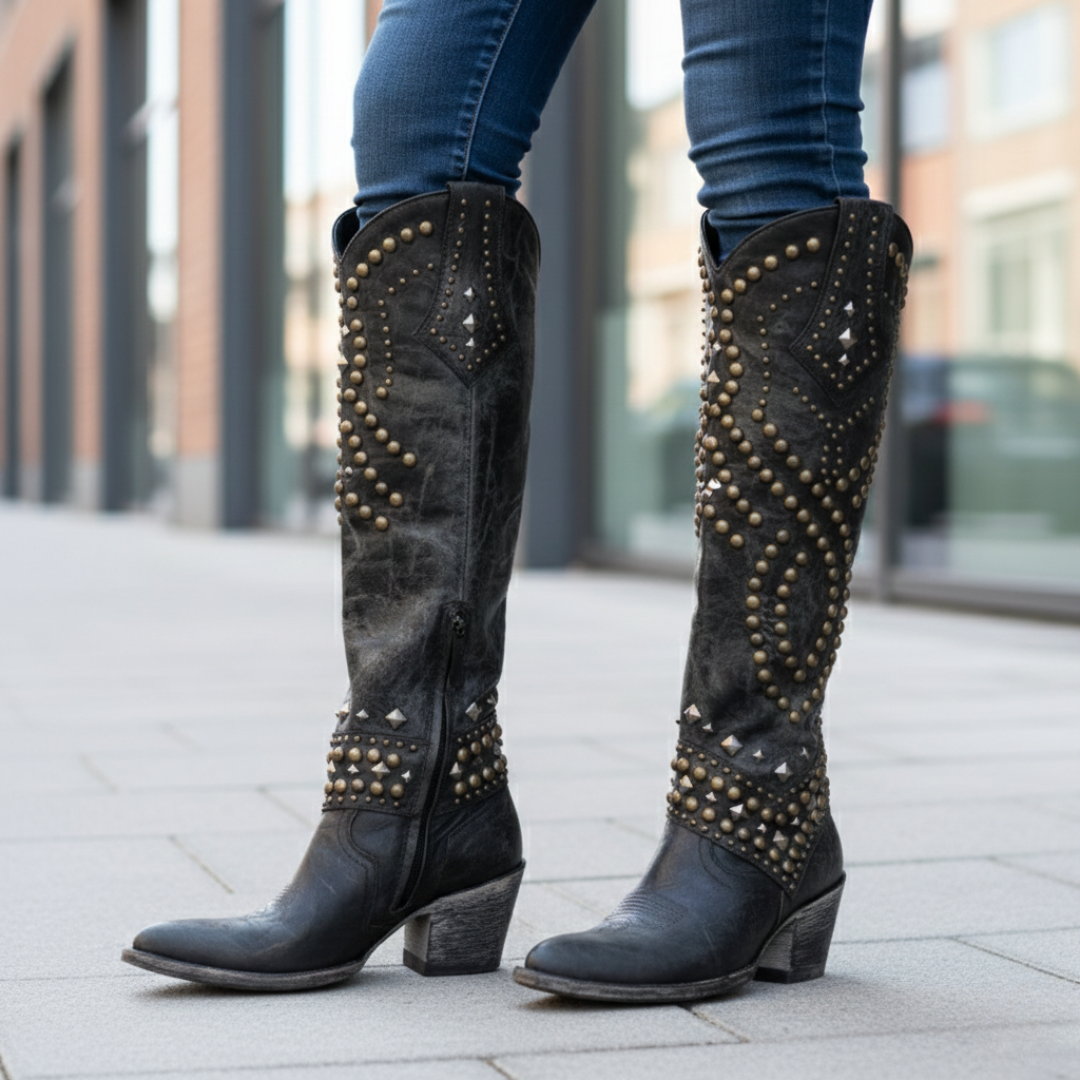 Savina Studded Knee-High Orthopedic Leather Cowboy Boots