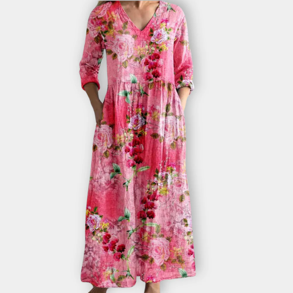 Rosalind Floral V-Neck 3/4 Sleeve Maxi Dress