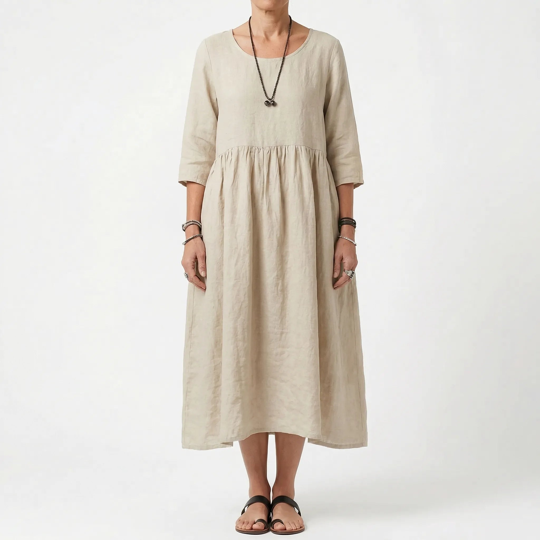 Cortina Linen Cotton Gathered Waist Midi Dress