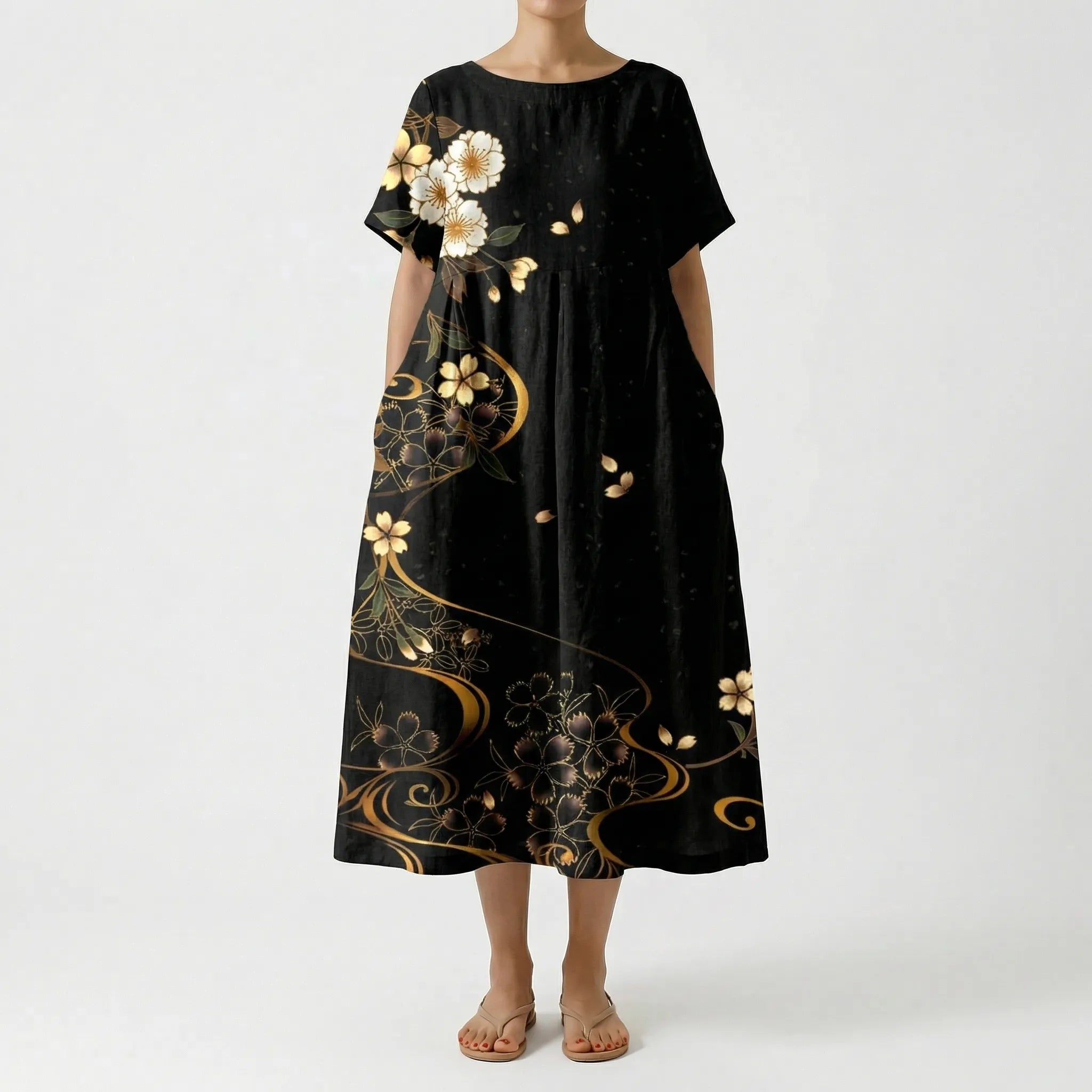 Calista Linen Cotton Floral Print Maxi Dress