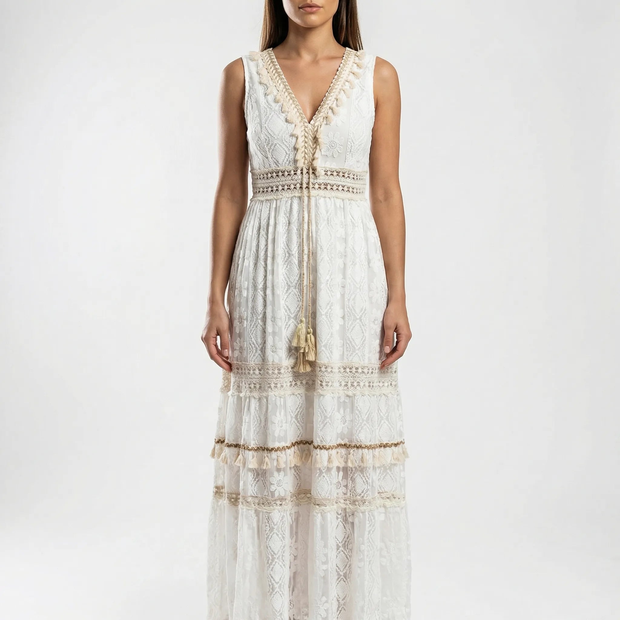 Savina Sleeveless V-Neck Lace Maxi Dress