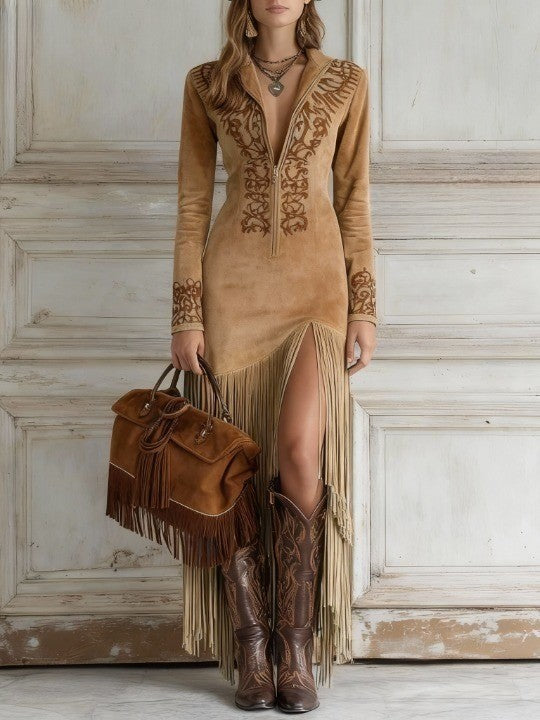 Solenne Fringe Long Sleeve Maxi Dress