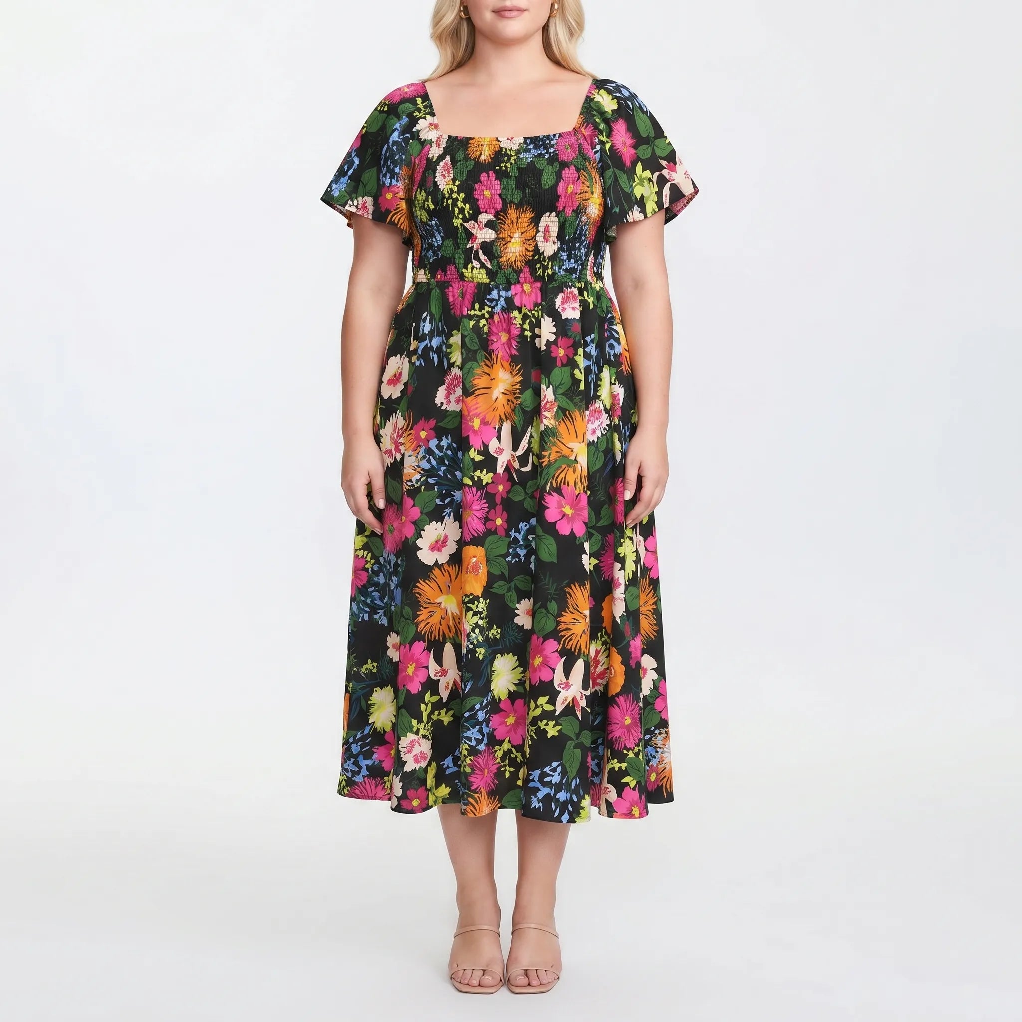 Sylvaine Floral Shirred Square Neck Midi Dress