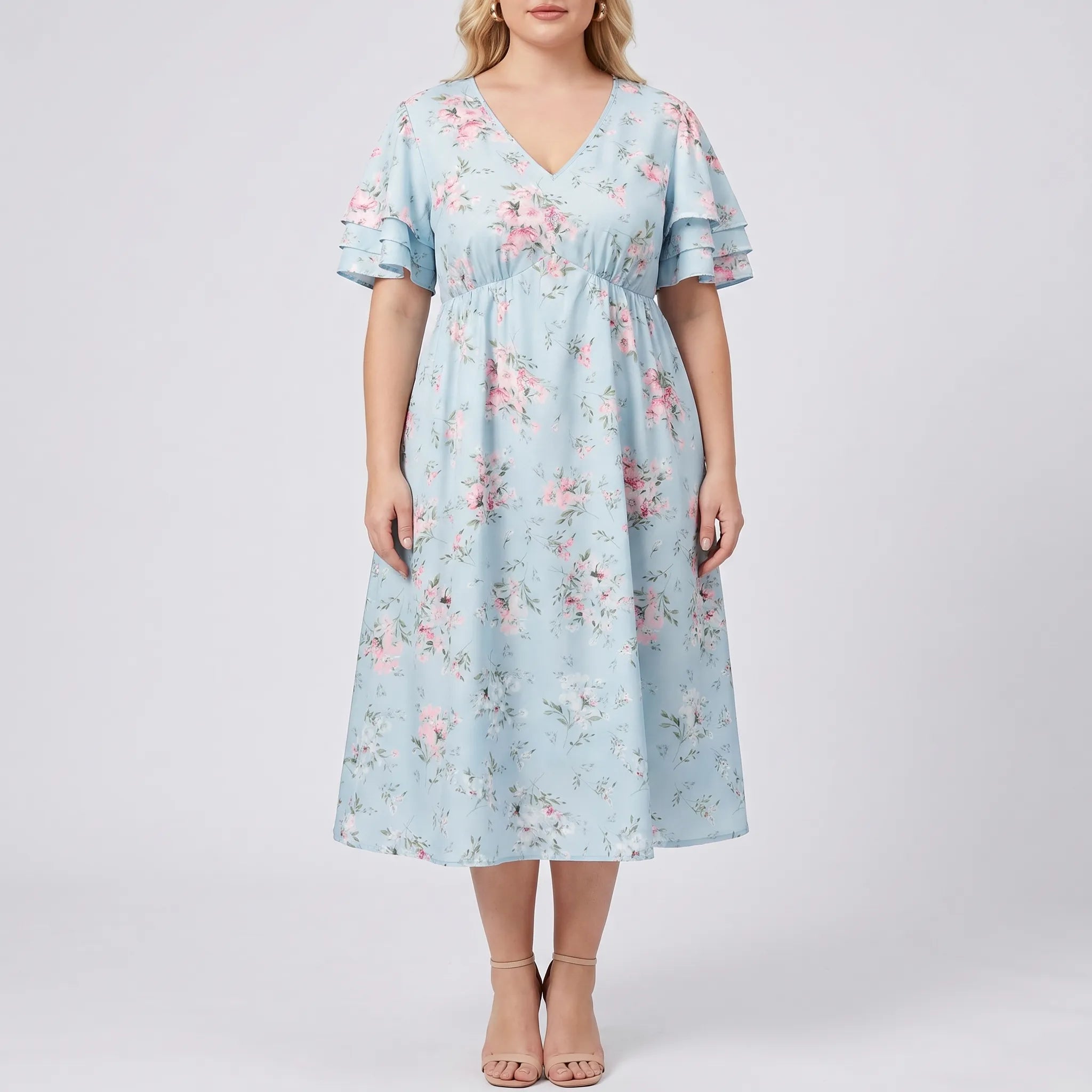 Rosetta Floral Midi Dress With Ruffle Sleeves