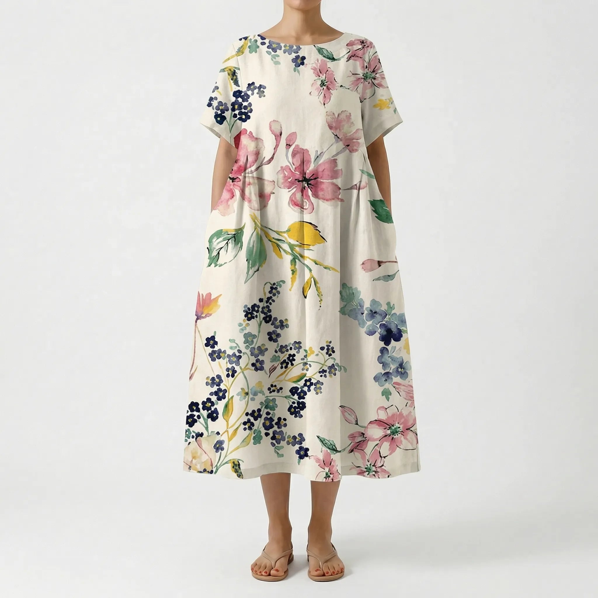 Calista Linen Cotton Floral Print Maxi Dress