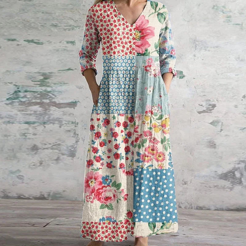 Viora Women's Patchwork V-Neck 3/4 Sleeve Maxi Dress