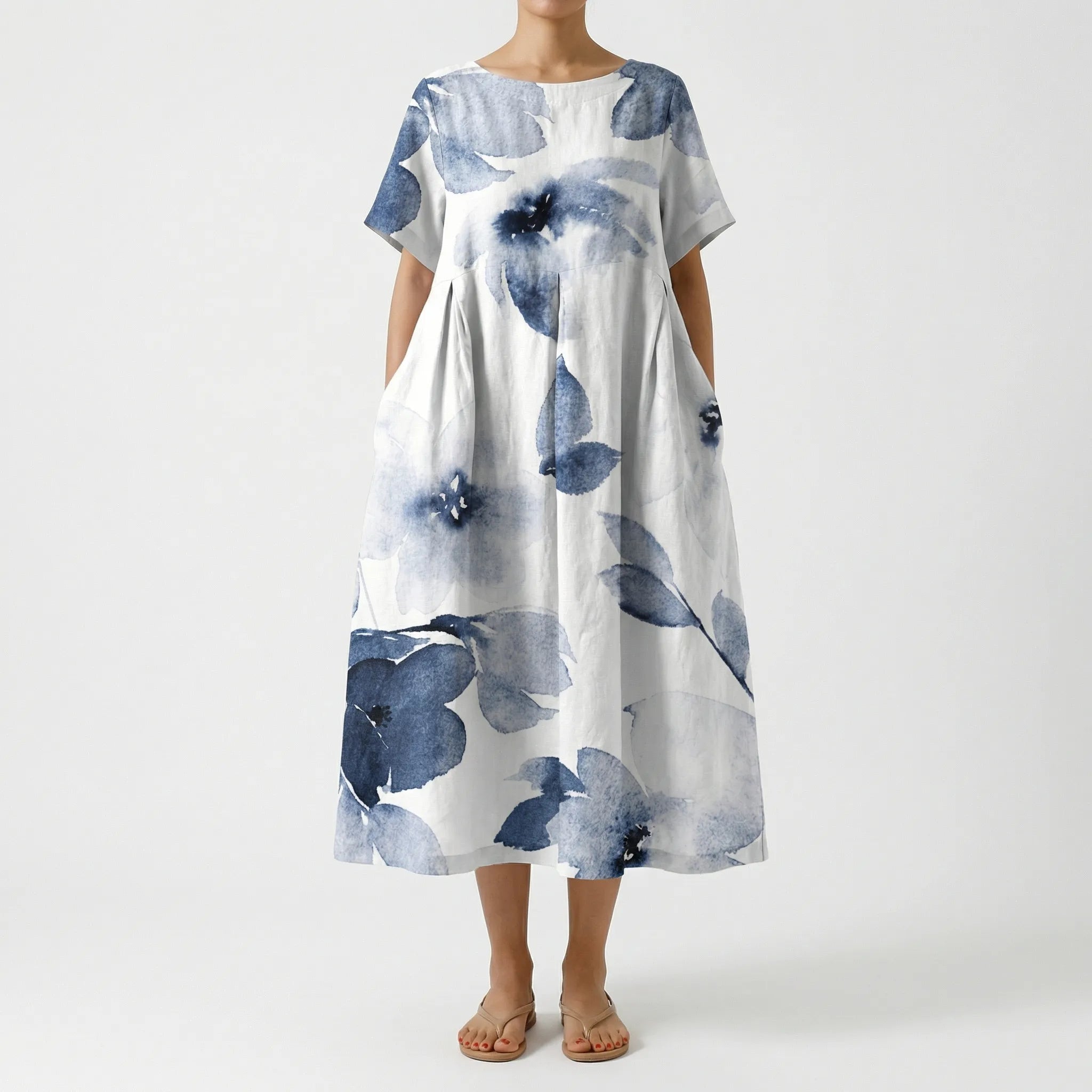 Calista Linen Cotton Floral Print Maxi Dress