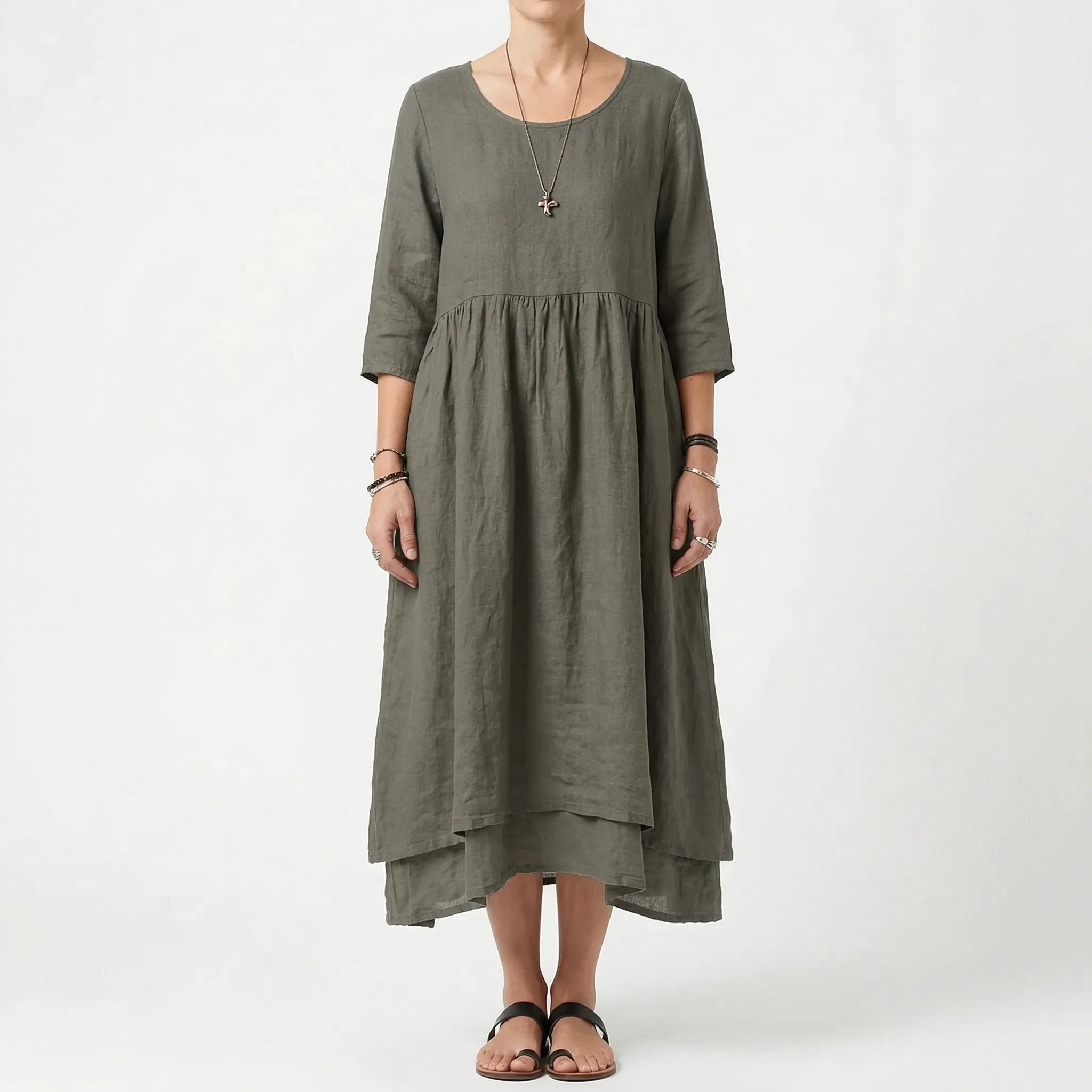 Cortina Linen Cotton Gathered Waist Midi Dress