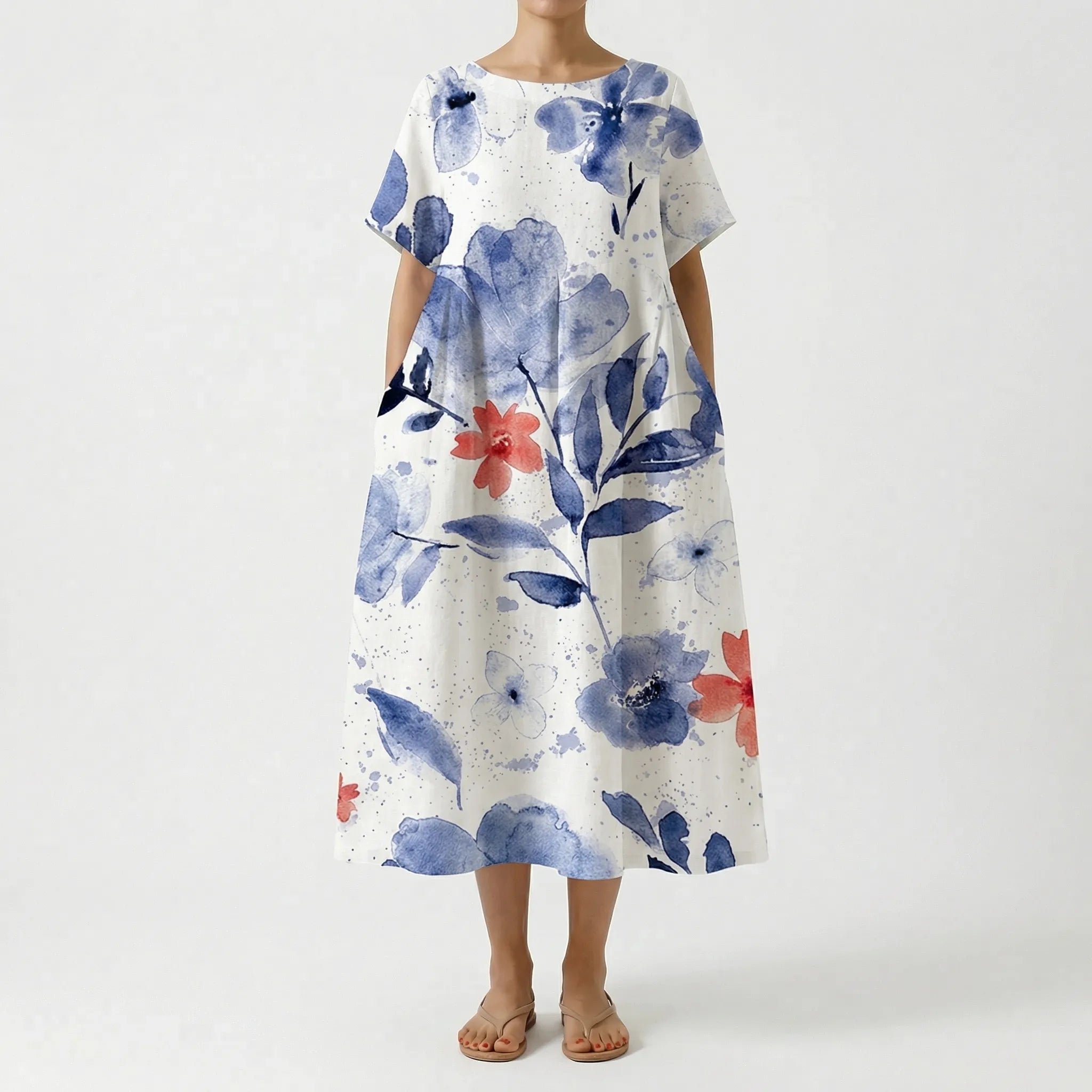 Calista Linen Cotton Floral Print Maxi Dress