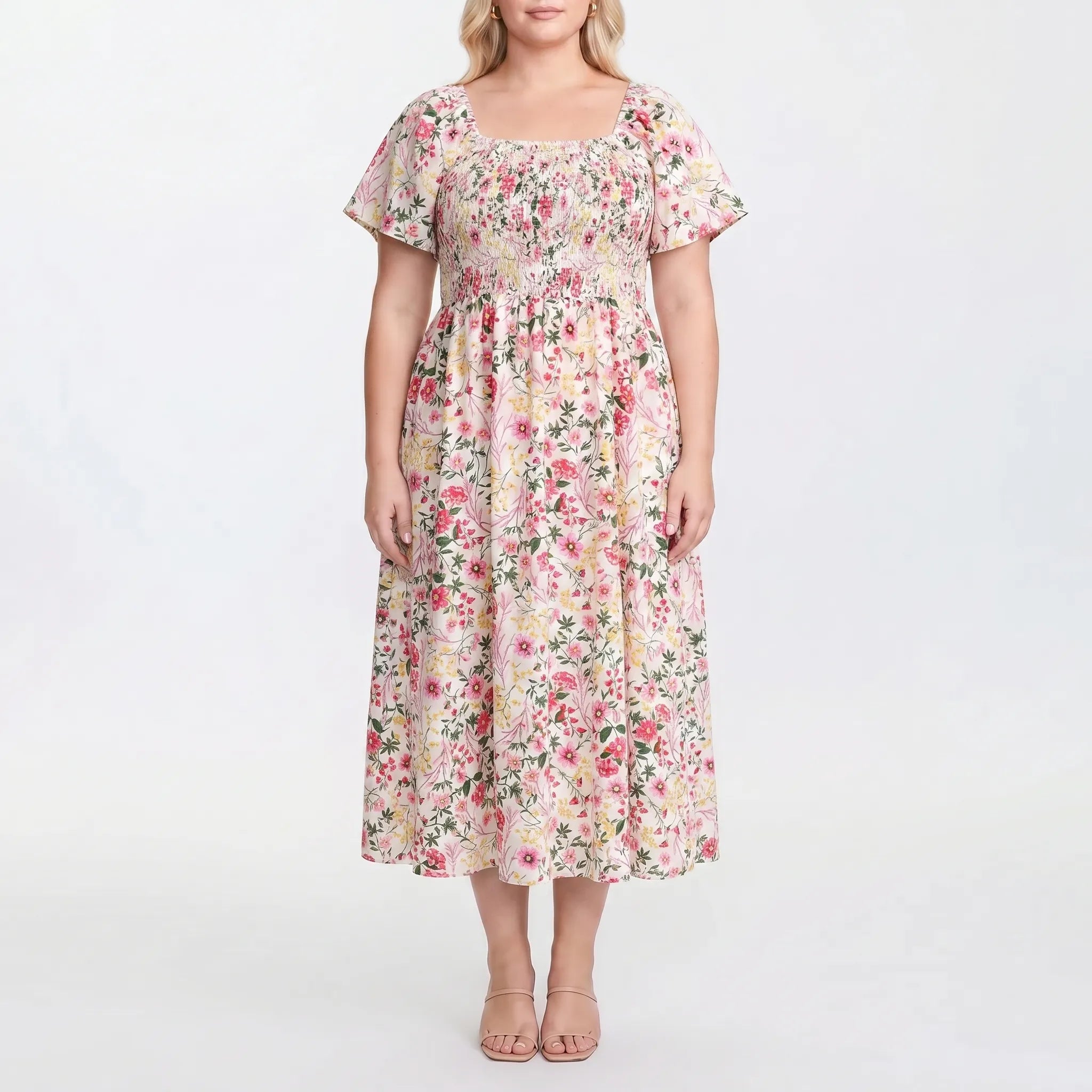 Sylvaine Floral Shirred Square Neck Midi Dress