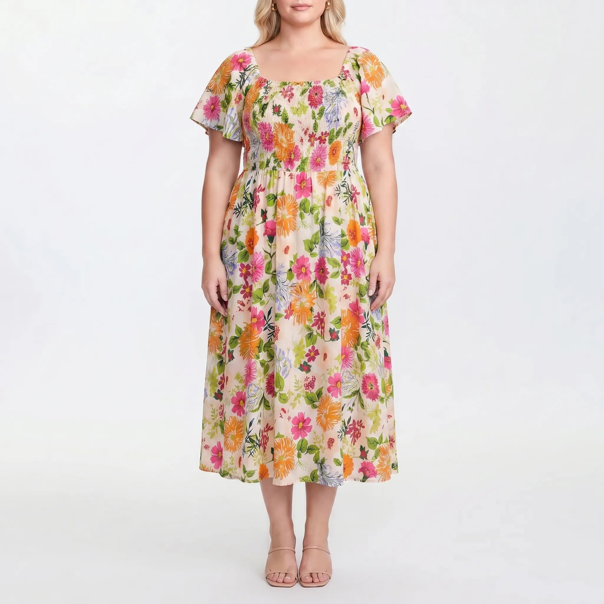 Sylvaine Floral Shirred Square Neck Midi Dress
