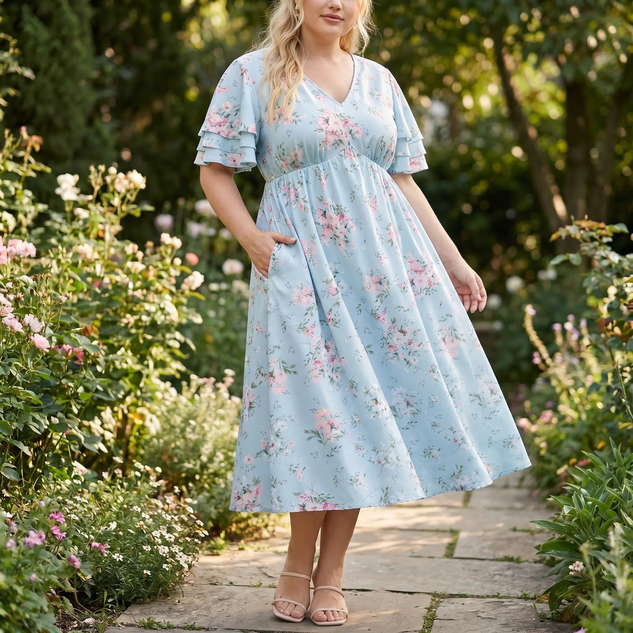 Rosetta Floral Midi Dress With Ruffle Sleeves