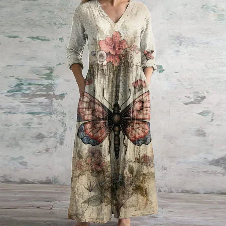 Viora Women's Patchwork V-Neck 3/4 Sleeve Maxi Dress