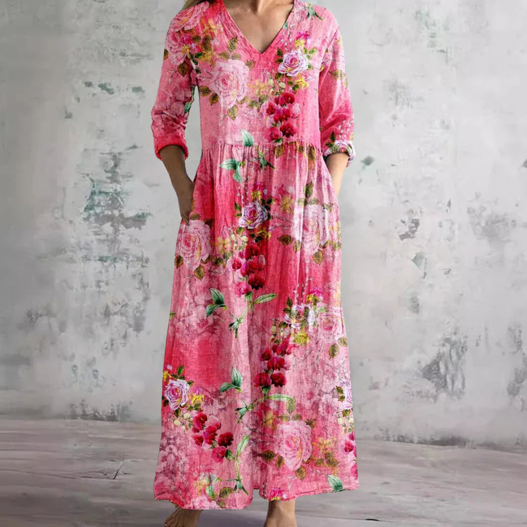 Rosalind Floral V-Neck 3/4 Sleeve Maxi Dress