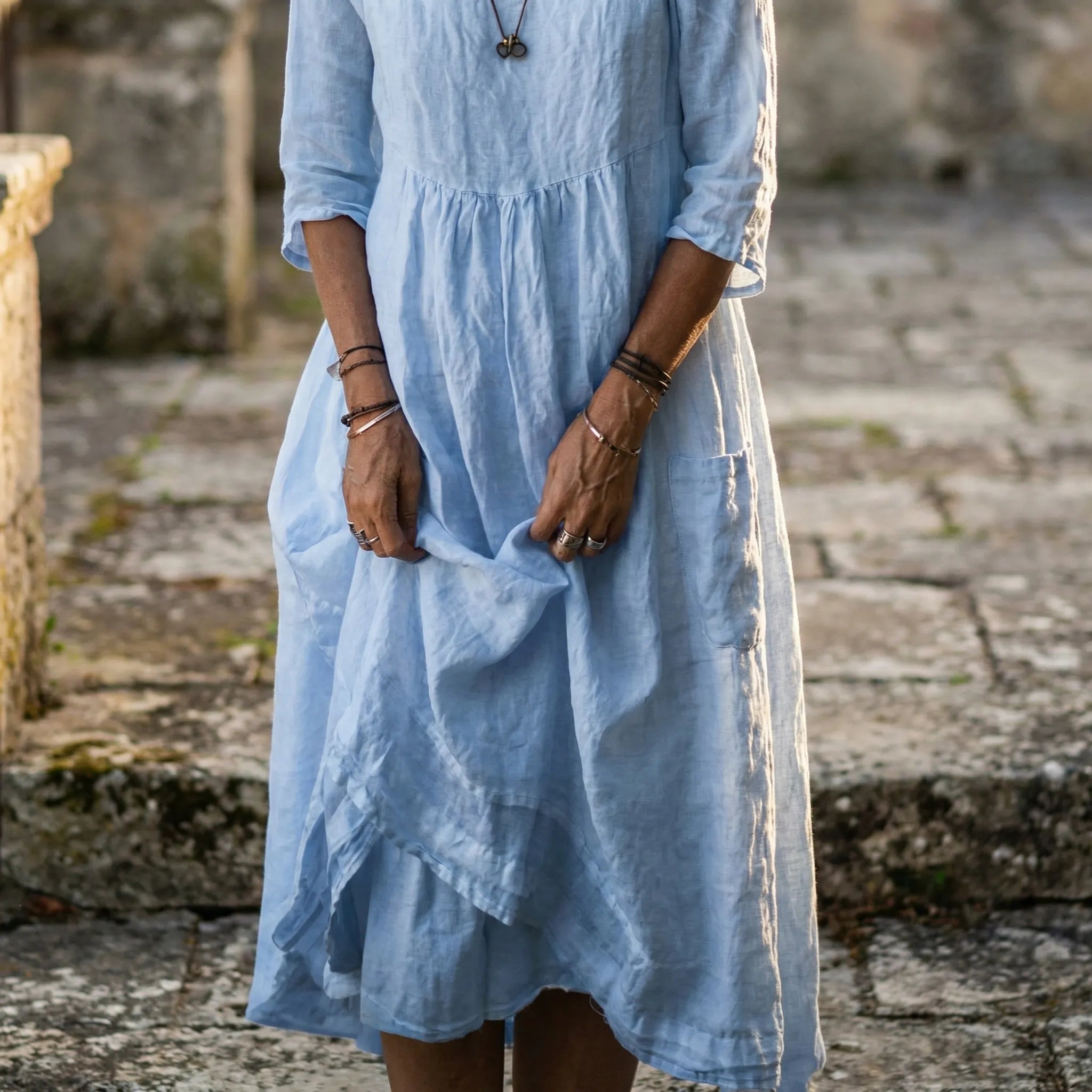 Cortina Linen Cotton Gathered Waist Midi Dress