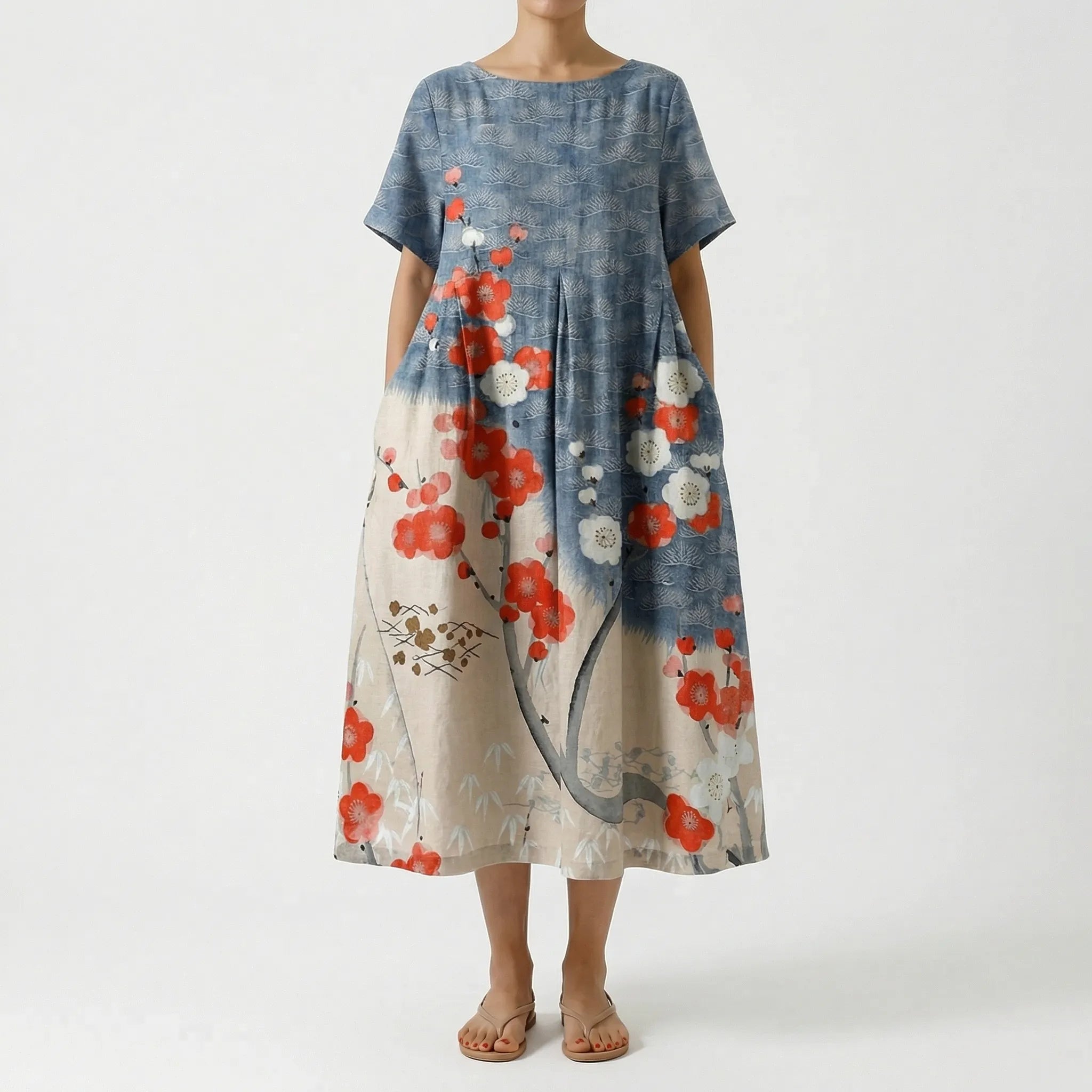 Calista Linen Cotton Floral Print Maxi Dress