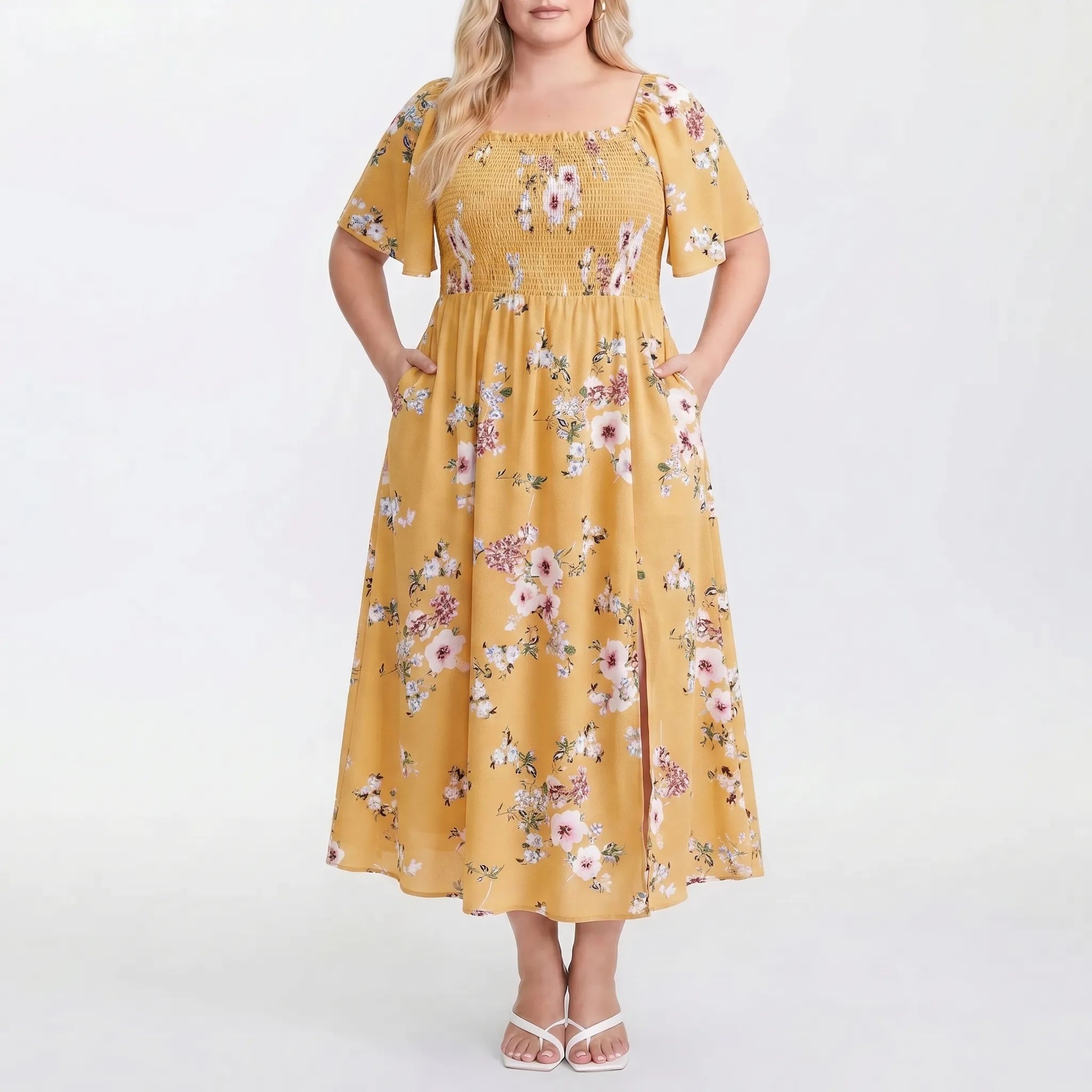 Celestine Floral Print Shirred Midi Dress