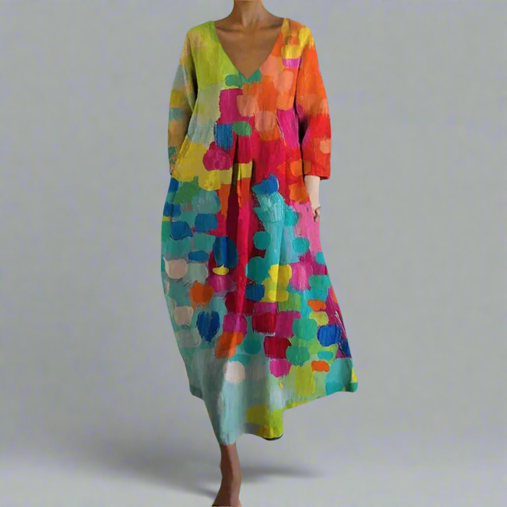 Vibrante V-Neck Abstract Print Long Sleeve Maxi Dress