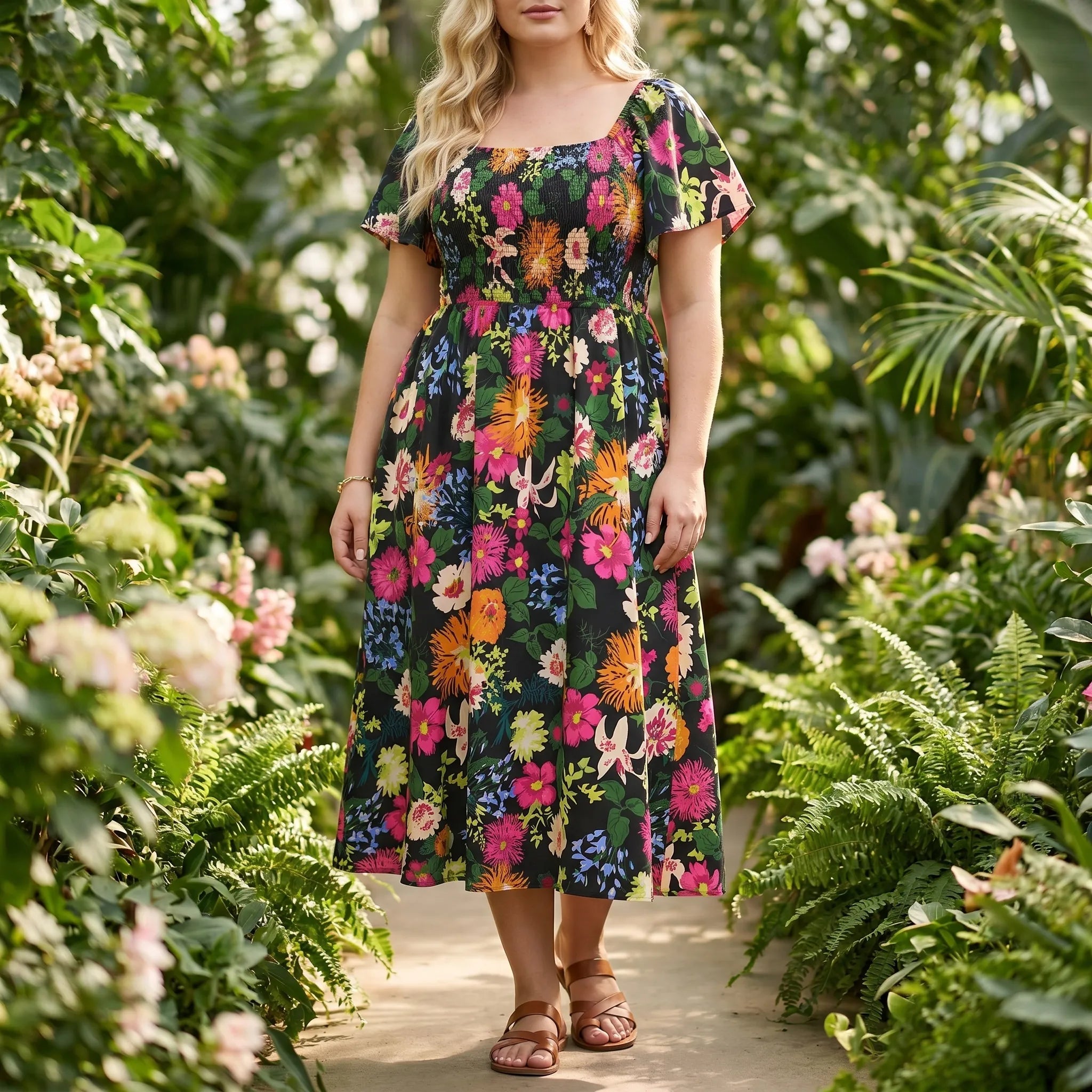 Sylvaine Floral Shirred Square Neck Midi Dress