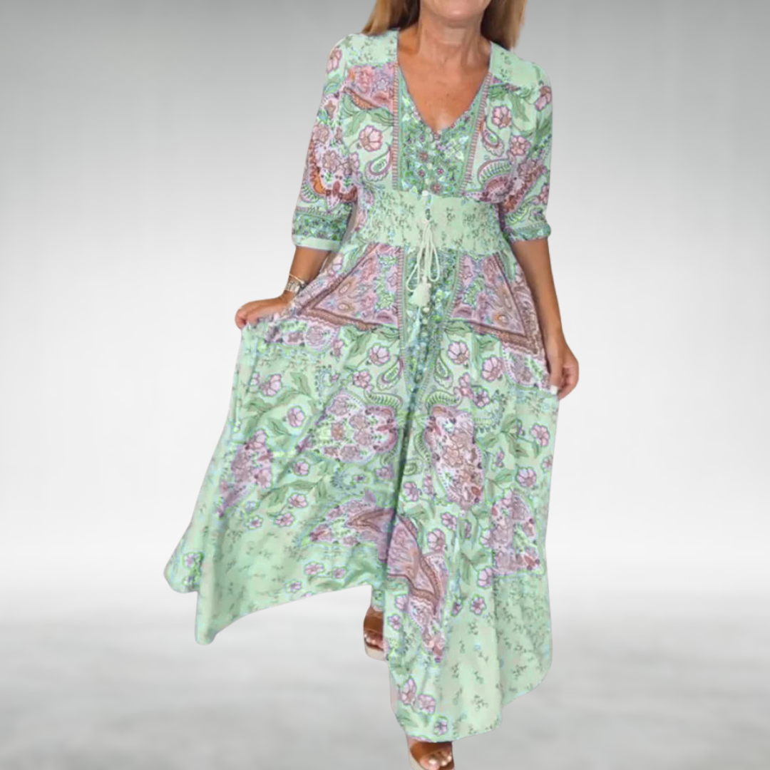 Valeria Paisley V-Neck 3/4 Sleeve Maxi Dress