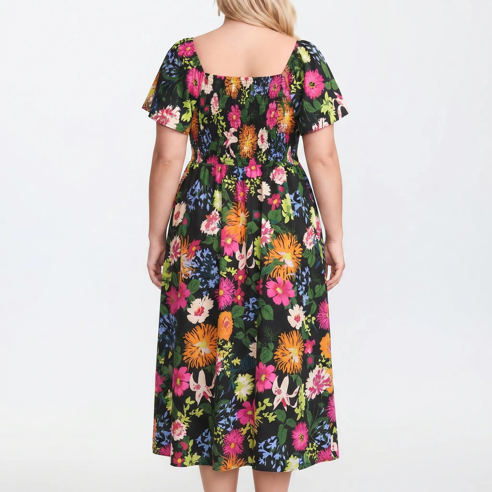 Sylvaine Floral Shirred Square Neck Midi Dress